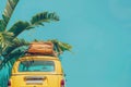 Retro vintage travelling bus van with baggage on the beach on blue sky background Royalty Free Stock Photo