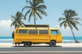 Retro vintage travelling bus van on the beach driving along the road by the sea Royalty Free Stock Photo