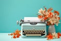 Retro vintage typewriter with blank white paper on colorful background with flowers, copy space Royalty Free Stock Photo