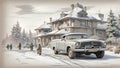 Retro vintage winter car and mansion black and white sepia pencil hand drawn sketch digital illustration