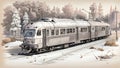 Retro vintage winter train black and white sepia pencil hand drawn digital illustration Royalty Free Stock Photo