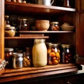 Retro vintage wooden cupboard to store spices and herbs, kitchen cooking ingredients