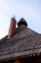 Retro vintage wooden roof new red brick chimney Royalty Free Stock Photo