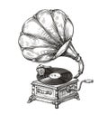 Retro vinyl gramophone. Hand drawn illustration in vintage engraving style Royalty Free Stock Photo