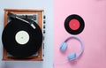 Retro vinyl record player, headphones