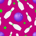 Retro vivid bowling pattern with pins, stars and balls on the pink background