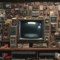 Retro Wall of Vintage Electronics with Central Television Royalty Free Stock Photo