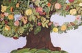 Fairy tree. Fairy tree with flowers and fruit watercolor illustration with beautiful flowers. Bright textile print.