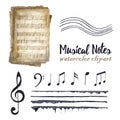 Retro watercolor musical notes set. Royalty Free Stock Photo