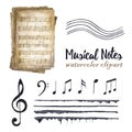 Retro watercolor musical notes set.