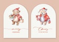 Retro watercolor plush teddy bear christmas arch card.