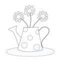 Retro watering can with polka dots, with three round dandelion flowers, isolated on white background.