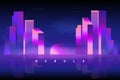 Retro wave background 80s. City 80s future retro synth illustration. Retro laser city cyber concept. Futuristic city with purple