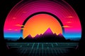 Retro wave city background. Neon night landscape with a futuristic city in the style and aesthetics of the 80s and 90s