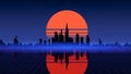 Retro wave city background. Neon night landscape with a futuristic city in the style and aesthetics of the 80s and 90s Royalty Free Stock Photo