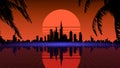 Retro wave city background. Neon night landscape with a futuristic city in the style and aesthetics of the 80s and 90s Royalty Free Stock Photo