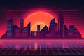 Retro wave city background. Neon night landscape with a futuristic city in the style and aesthetics of the 80s and 90s