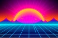 Retro wave city background. Neon night landscape with a futuristic city in the style and aesthetics of the 80s and 90s