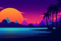 Retro wave city background. Neon night landscape with a futuristic city in the style and aesthetics of the 80s and 90s