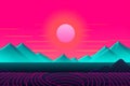 Retro wave city background. Neon night landscape with a futuristic city in the style and aesthetics of the 80s and 90s