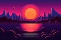 Retro wave city background. Neon night landscape with a futuristic city in the style and aesthetics of the 80s and 90s Royalty Free Stock Photo