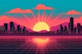 Retro wave city background. Neon night landscape with a futuristic city in the style and aesthetics of the 80s and 90s Royalty Free Stock Photo