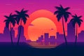 Retro wave city background. Neon night landscape with a futuristic city in the style and aesthetics of the 80s and 90s Royalty Free Stock Photo