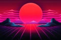 Retro wave city background. Neon night landscape with a futuristic city in the style and aesthetics of the 80s and 90s Royalty Free Stock Photo