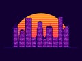 Retro wave city landscape in the style of the 80s. Synthwave futuristic city sunset. Light in the windows of skyscrapers. Design