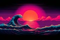 Retro wave Landscape with Sunset, 80\'s retro synthase color design. Ocean wave, generative ai.