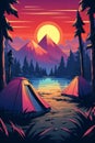 Retro wave poster summer camp illustrated with synth colors on flat design background Royalty Free Stock Photo