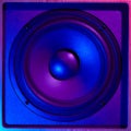 Retro wave from 80s. Frontal image audio speaker with neon light. Synthwave and vaporwave concept Royalty Free Stock Photo