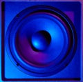 Retro wave, 80s. Frontal image audio speaker with neon light. Synthwave and vaporwave concept