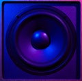 Retro wave, 80s. Frontal image audio speaker with neon light. Synthwave and vaporwave concept Royalty Free Stock Photo