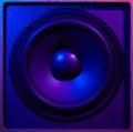 Retro wave, 80s. Frontal image audio speaker with neon light. Synthwave and vaporwave concept