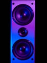 Retro wave, 80s. Frontal image audio speaker with neon light. Synthwave and vaporwave concept