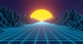 Retro wave sunset on the background of neon mountains landscape.