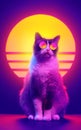 Retro wave synth vaporwave portrait of a cat in sunglasses with palm trees reflection