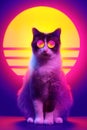 Retro wave synth vaporwave portrait of a cat in sunglasses with palm trees reflection