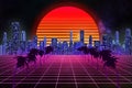 Retro wave, synthwave or vaporwave skyline scenery or landscape at night with starry sky and sun. 3d rendering abstract Royalty Free Stock Photo