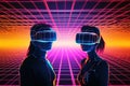 Retro Wave vintage silhouettes of people in virtual reality glasses. Generative ai