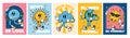 Retro weather characters. Cartoon nature mascots, cute earth, funny sun, cloud, smiling star and planet with emotion Royalty Free Stock Photo