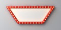 Retro white billboard sign or blank signboard with glowing yellow orange neon light bulbs on dark white grey wall Royalty Free Stock Photo