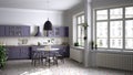 Retro white and purple vintage kitchen with terrazzo marble floor, panoramic windows, dining room, round table with wooden chairs