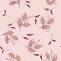 Retro wild seamless pink, coral floral pattern. Vintage background blooming realistic isolated red flower print. Hand drawn vector