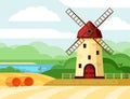 Retro windmill on field illustration. Old brick building with wooden blades processes grain from new harvest against