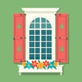 Retro window with red wooden shutters and curtains at green wall background of the old house. Vintage windows with Royalty Free Stock Photo