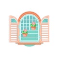 Retro window with shutters and flowerpots, architectural design element vector Illustration on a white background Royalty Free Stock Photo