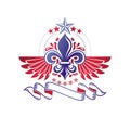 Retro winged vintage Insignia created with lily flower and pentagonal stars. Vector product quality idea design