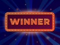 Retro winner banner. Sign show game, lottery prize winning golden lights signboard. Casino success champion, advertising